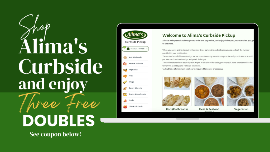 Text: Three free doubles with Alima's curbside purchase. Image: Laptop with Alima's curbside displayed.